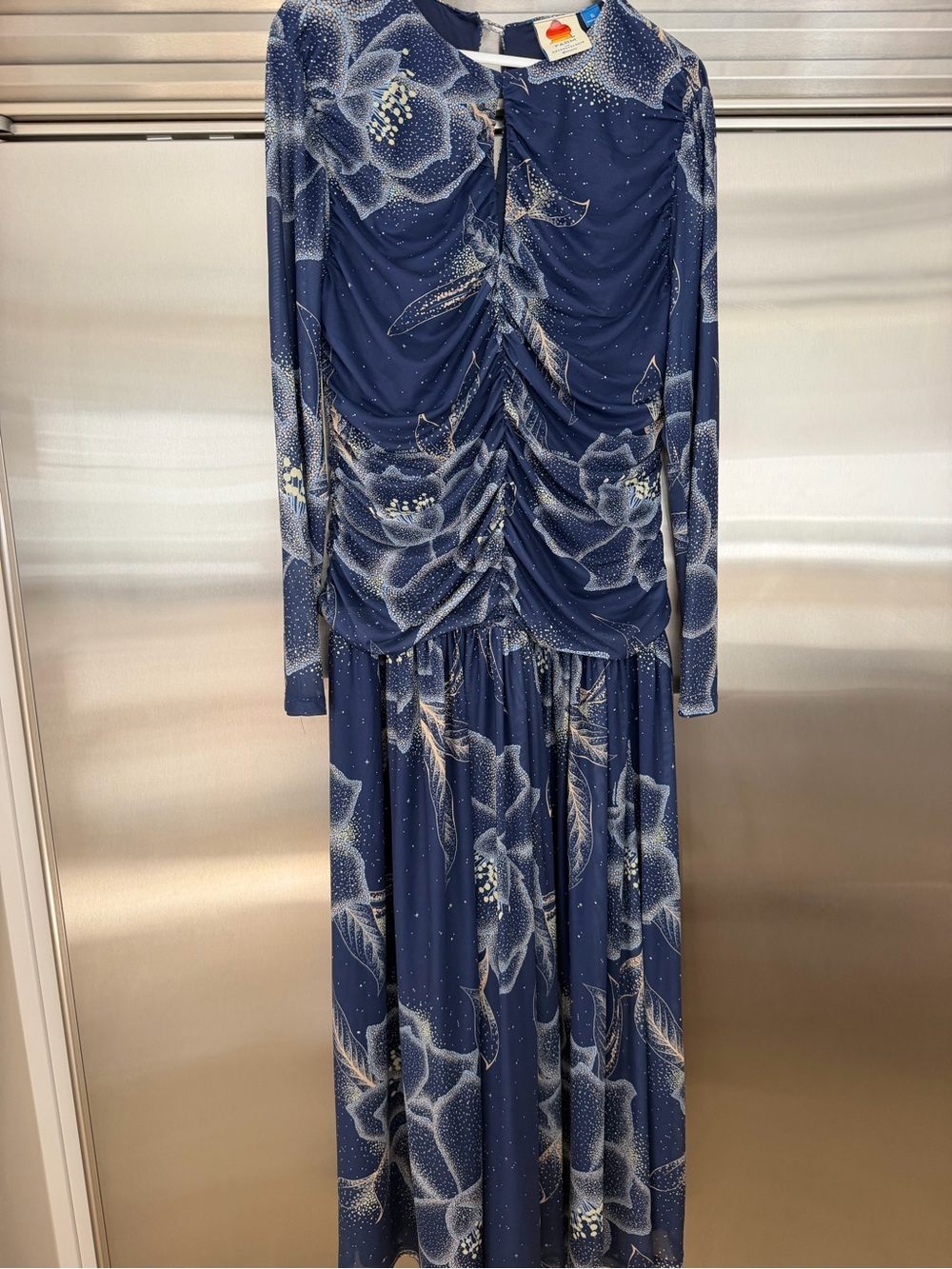 Anthropologie Navy Floral Ruched Long Sleeve Maxi Dress